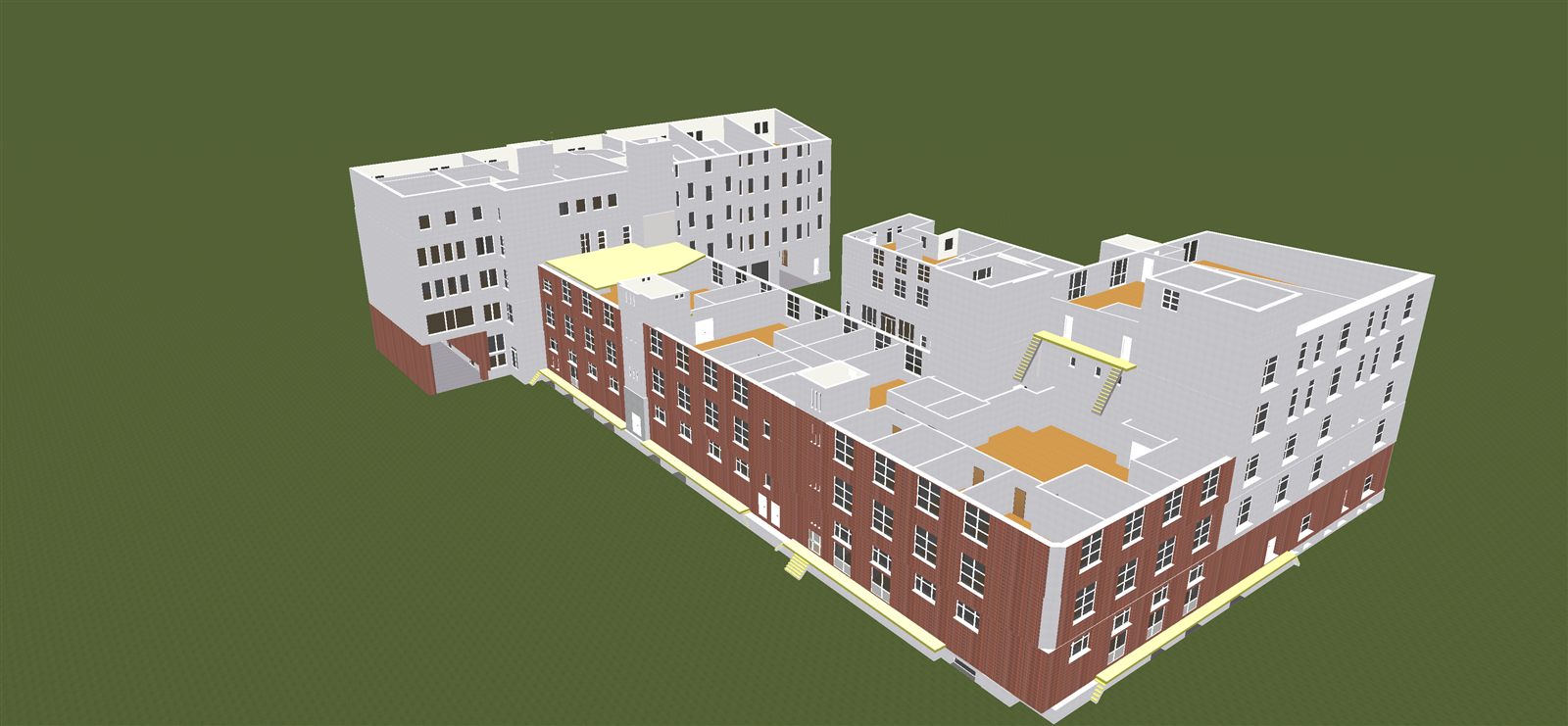 Aufgeschnittenes 3D-Gebäudemodell eines großen Mischgebäudes mit roter Klinkerfassade