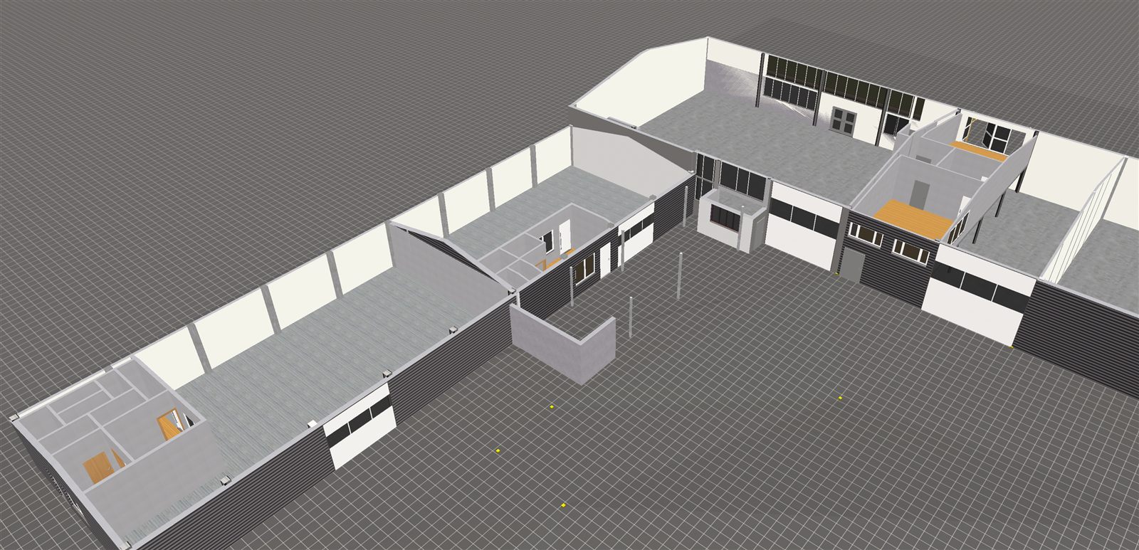 Aufgeschnittenes 3D-Modell des Hallenlagers mit Innenwänden, Toren und Fensterbändern