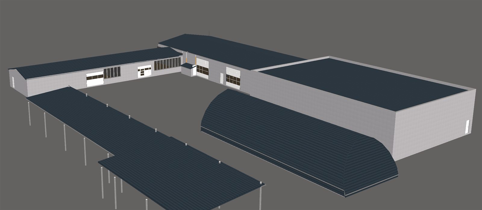 3D-Modell eines Hallen-Komplexes mit Tonnendach und Vordächern, von außen