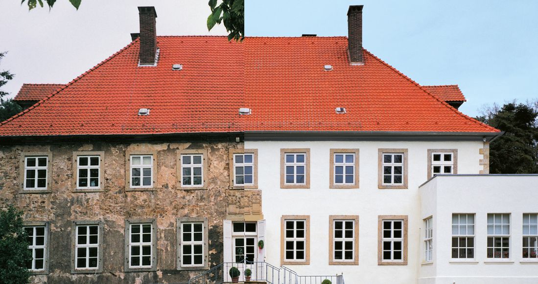 Historisches Wohnhaus, links im unsanierten Zustand, rechts nach der Sanierung